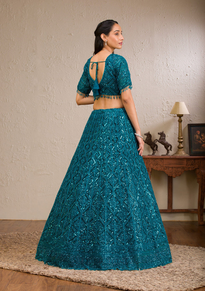 Peacock Blue Sequins Net Readymade Lehenga