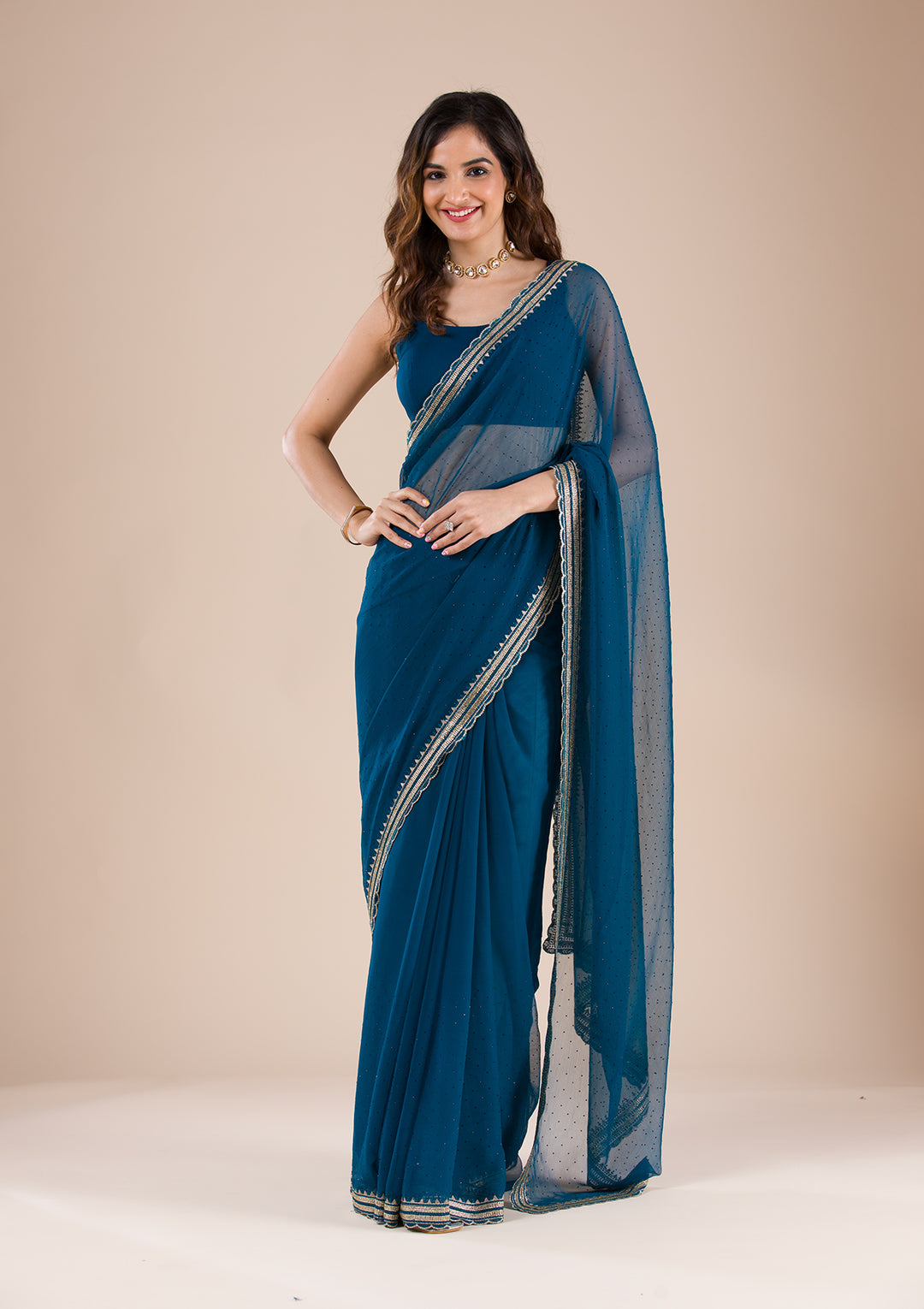 Peacock Blue Stonework Chiffon Saree
