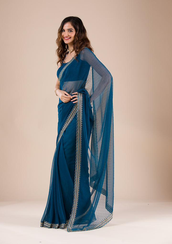Peacock Blue Stonework Chiffon Saree