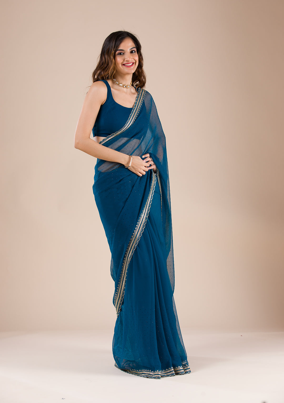 Peacock Blue Stonework Chiffon Saree