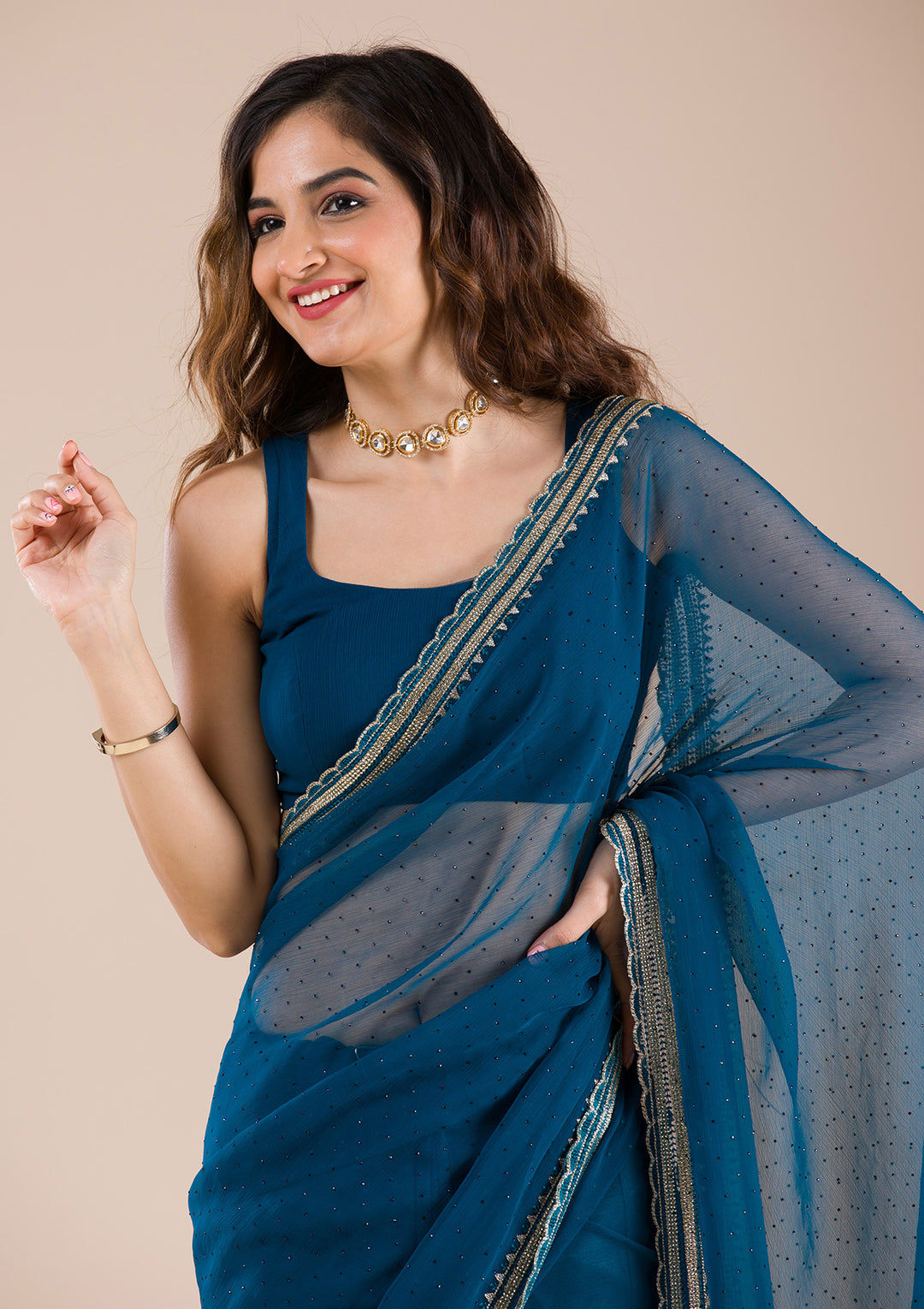 Peacock Blue Stonework Chiffon Saree