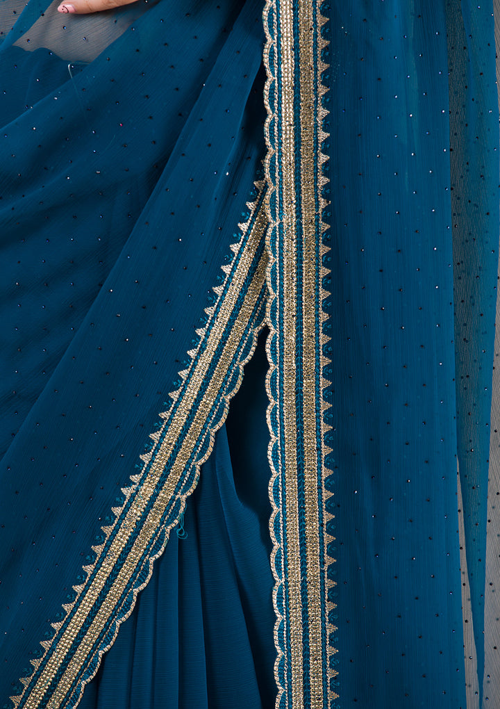 Peacock Blue Stonework Chiffon Saree