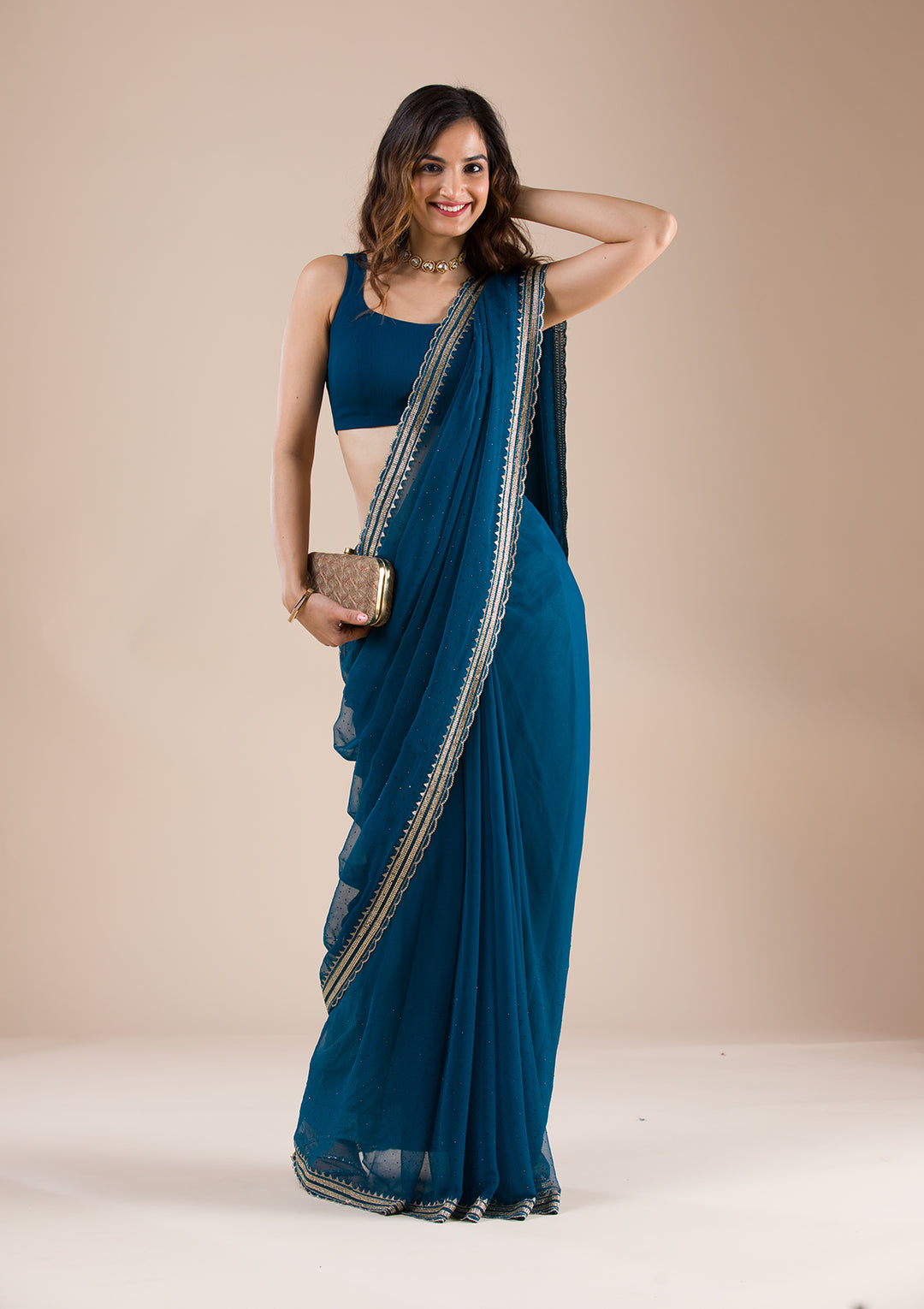 Peacock Blue Stonework Chiffon Saree