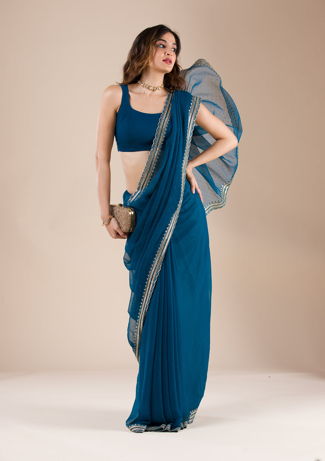 Peacock Blue Stonework Chiffon Saree