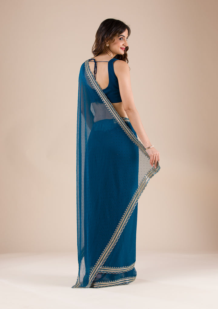 Peacock Blue Stonework Chiffon Saree