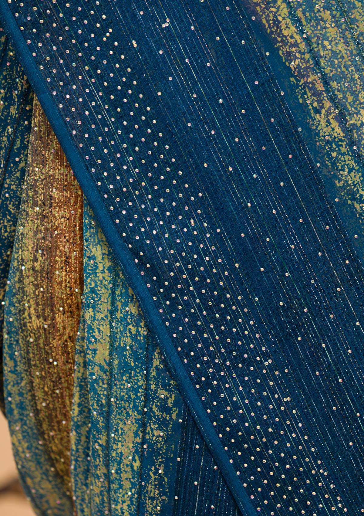 Peacock Blue Swarovski Chiffon Designer Saree