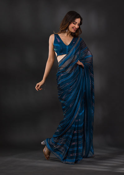 Peacock Blue Swarovski Tissue Designer Saree