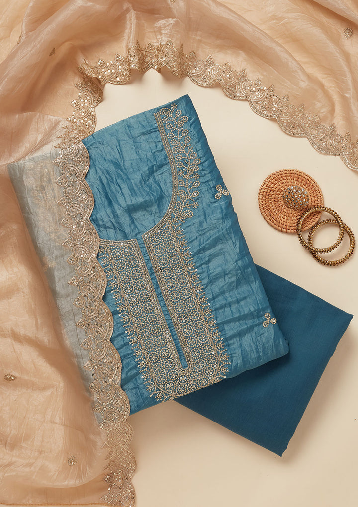Peacock Blue Threadwork Semi Crepe Unstitched Salwar Suit