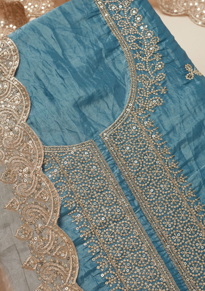 Peacock Blue Threadwork Semi Crepe Unstitched Salwar Suit