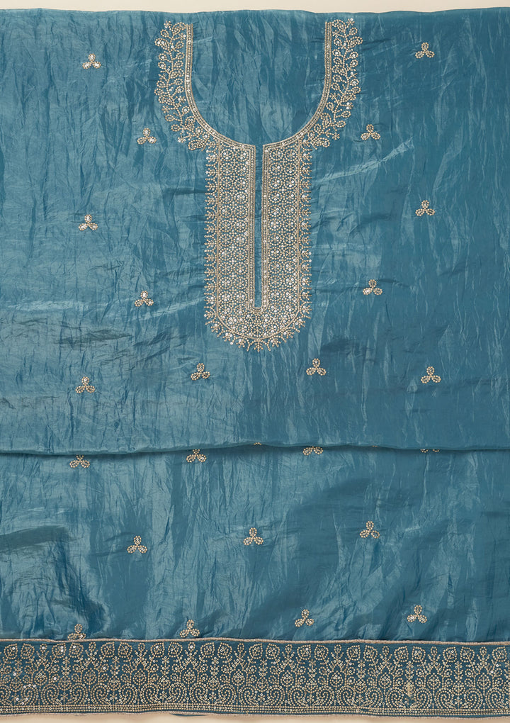 Peacock Blue Threadwork Semi Crepe Unstitched Salwar Suit