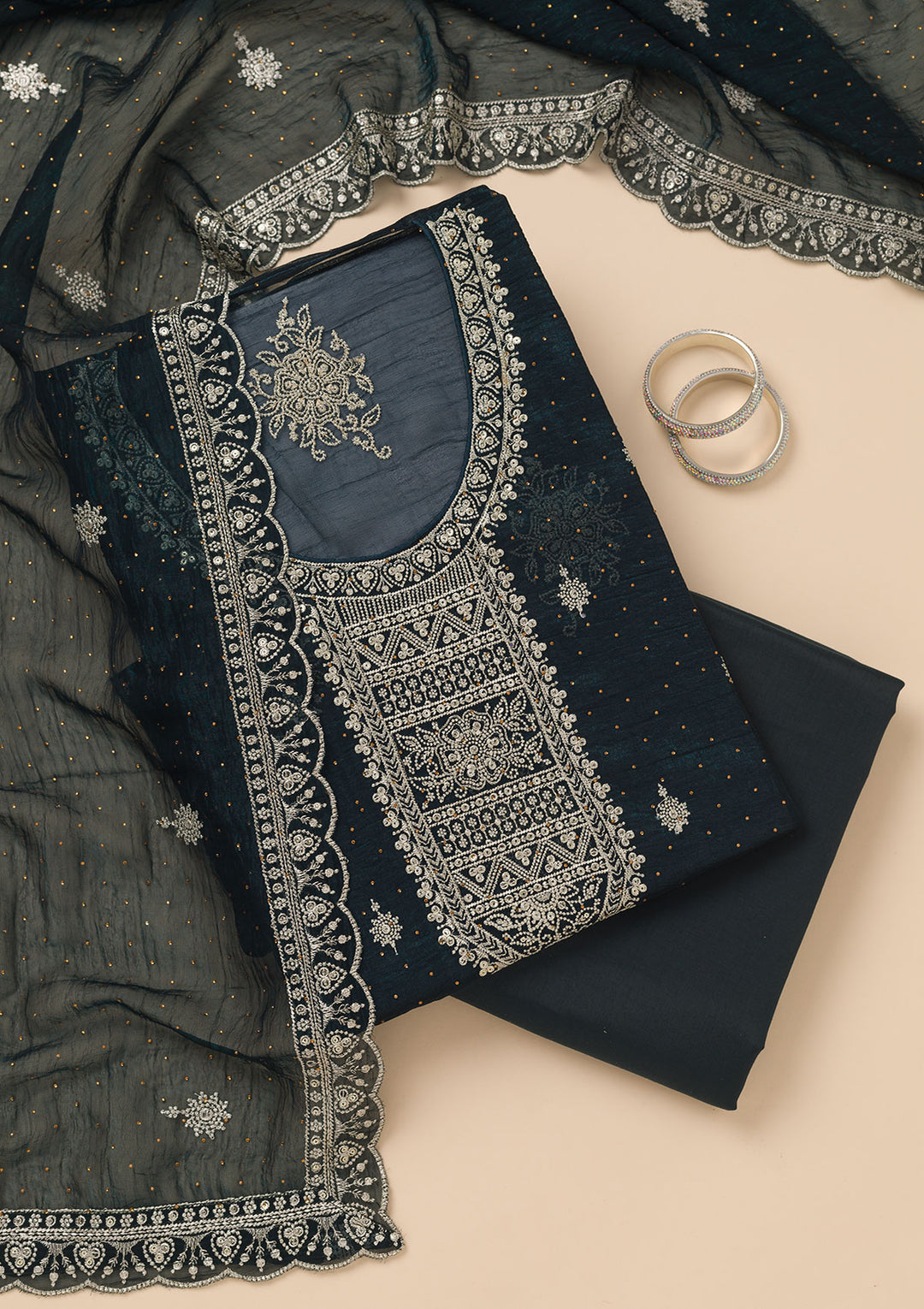 Peacock Blue Zariwork Art Silk Unstitched Salwar Suit