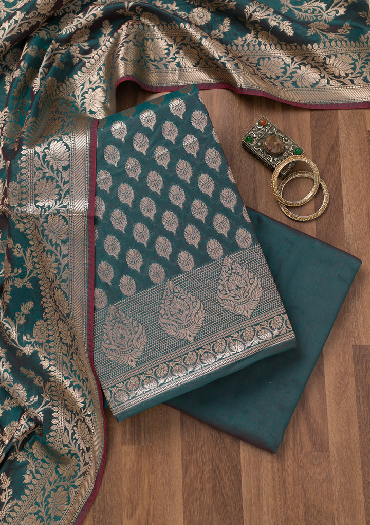 Peacock Blue Zariwork Banarasi Unstitched Salwar Suit