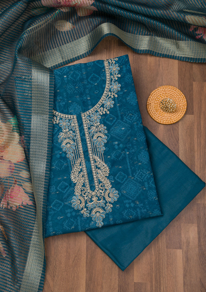 Peacock Blue Zariwork Cotton Unstitched Salwar Suit
