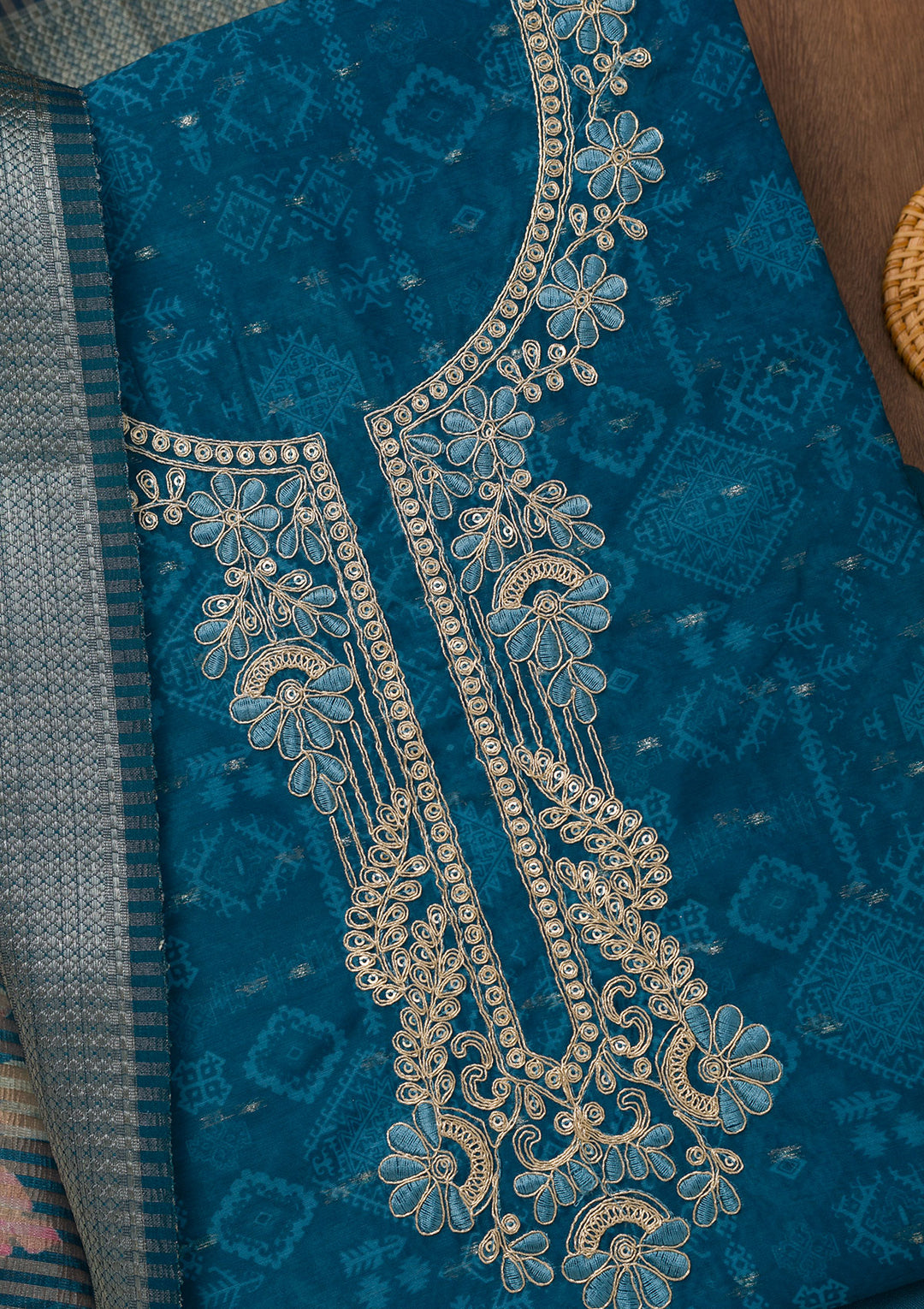 Peacock Blue Zariwork Cotton Unstitched Salwar Suit