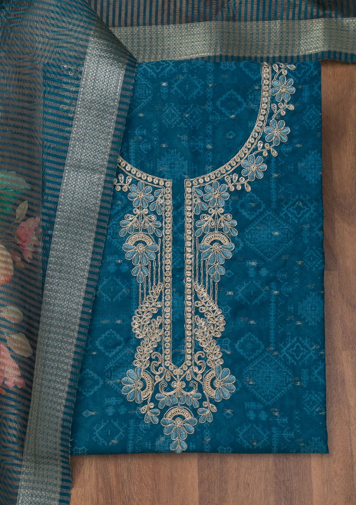 Peacock Blue Zariwork Cotton Unstitched Salwar Suit