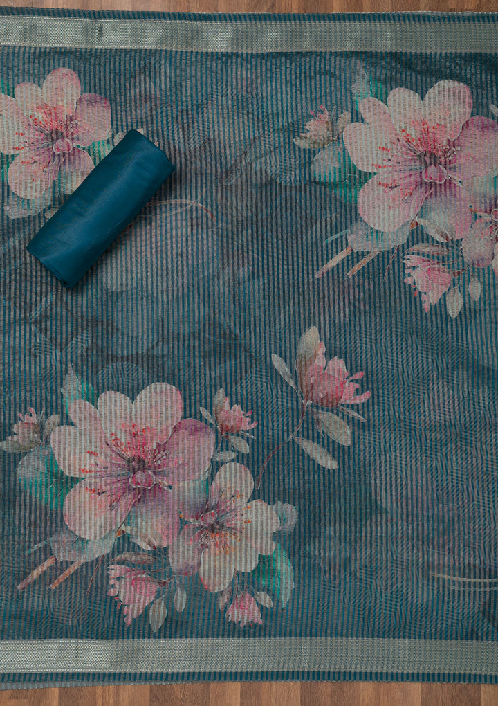 Peacock Blue Zariwork Cotton Unstitched Salwar Suit