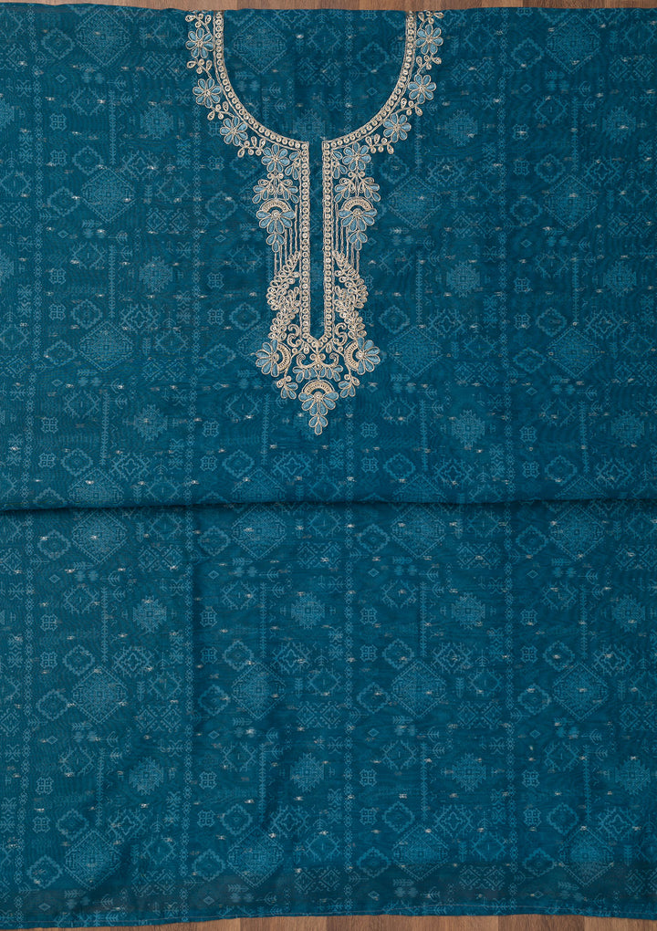 Peacock Blue Zariwork Cotton Unstitched Salwar Suit