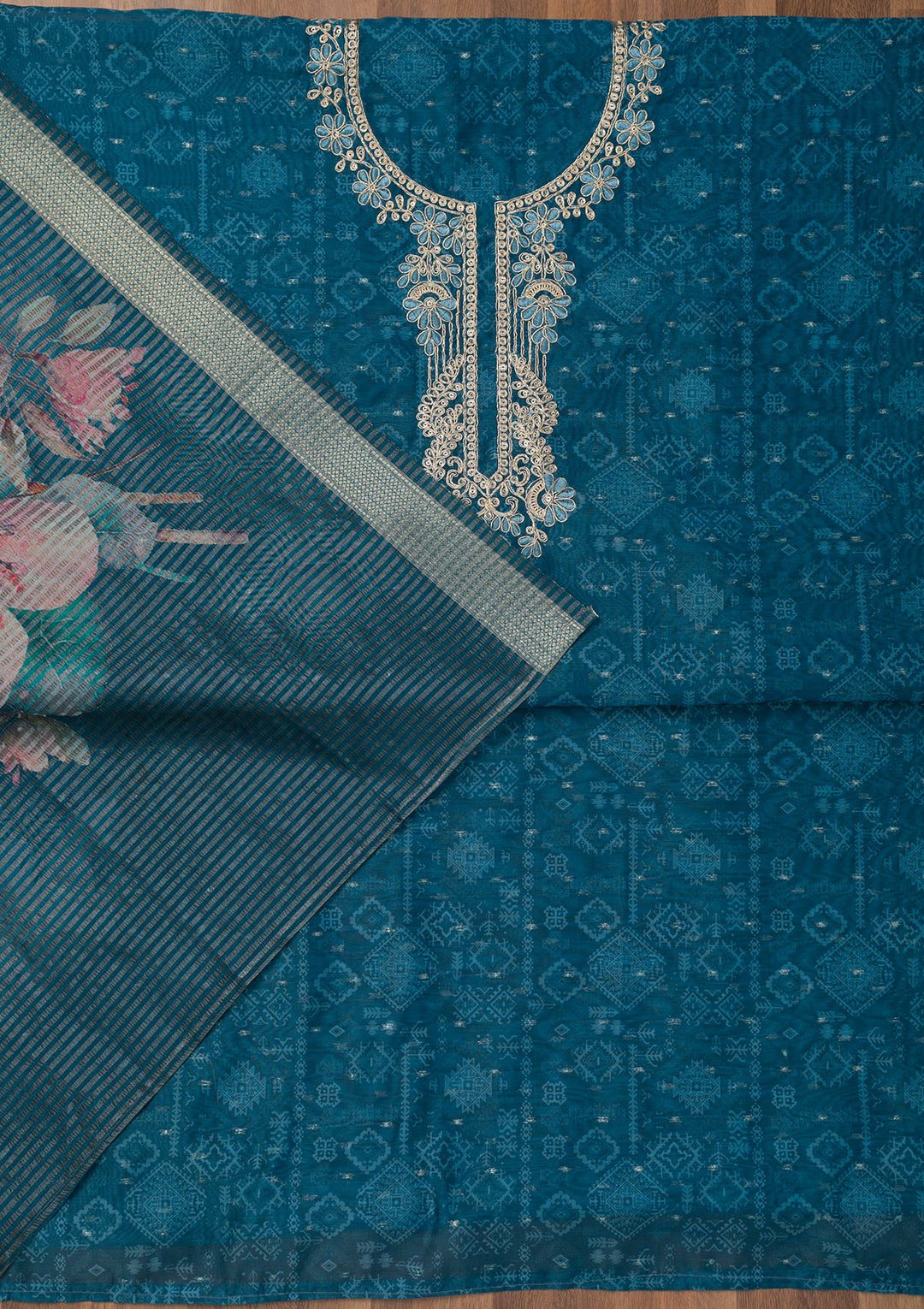 Peacock Blue Zariwork Cotton Unstitched Salwar Suit