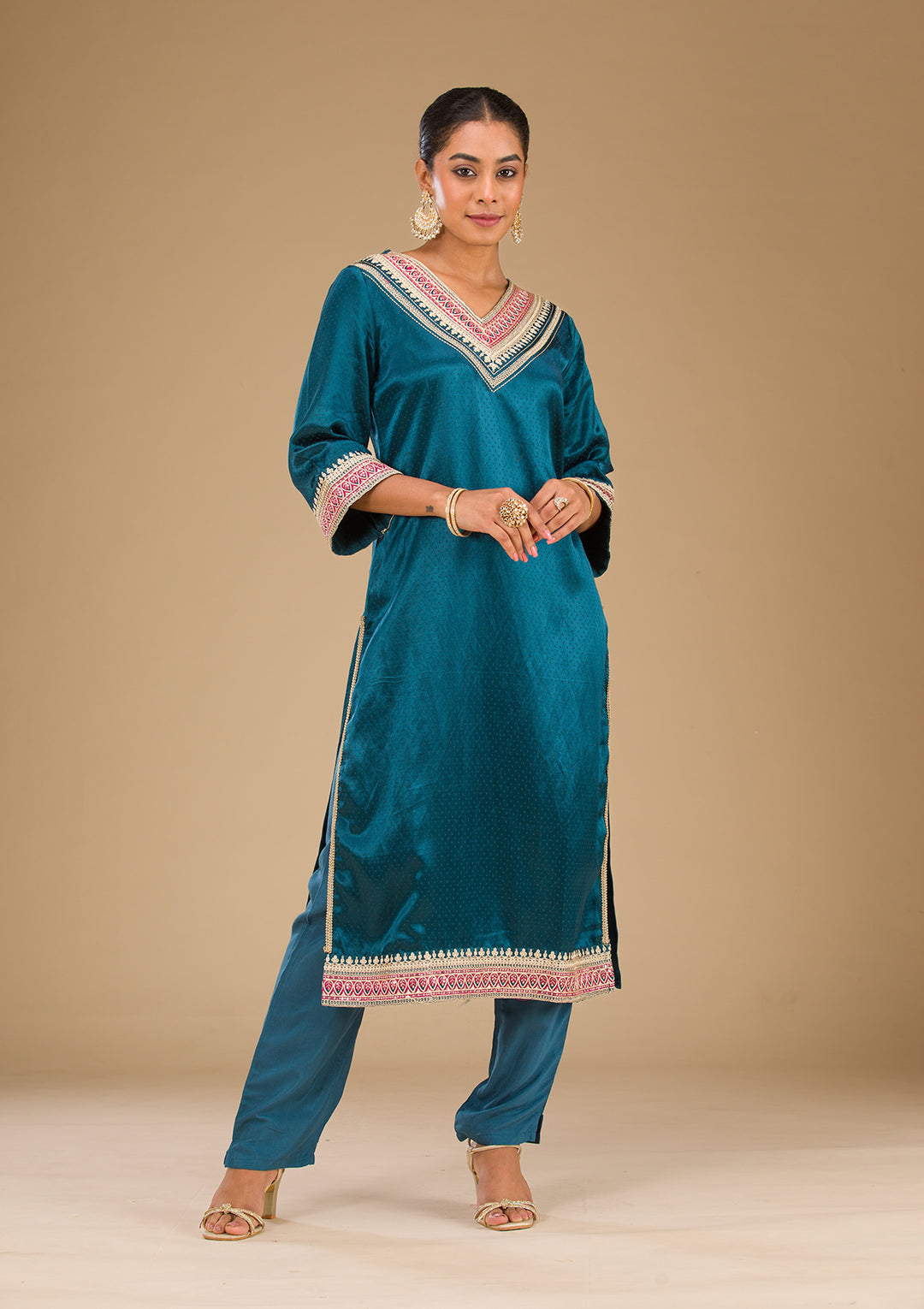 Peacock Blue Zariwork Satin Readymade Salwar Suit