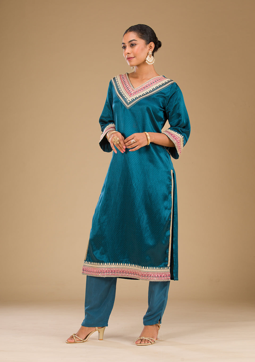 Peacock Blue Zariwork Satin Readymade Salwar Suit