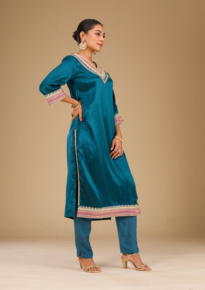 Peacock Blue Zariwork Satin Readymade Salwar Suit