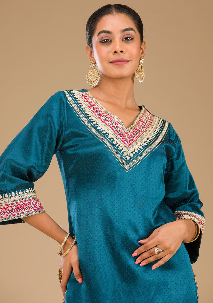 Peacock Blue Zariwork Satin Readymade Salwar Suit