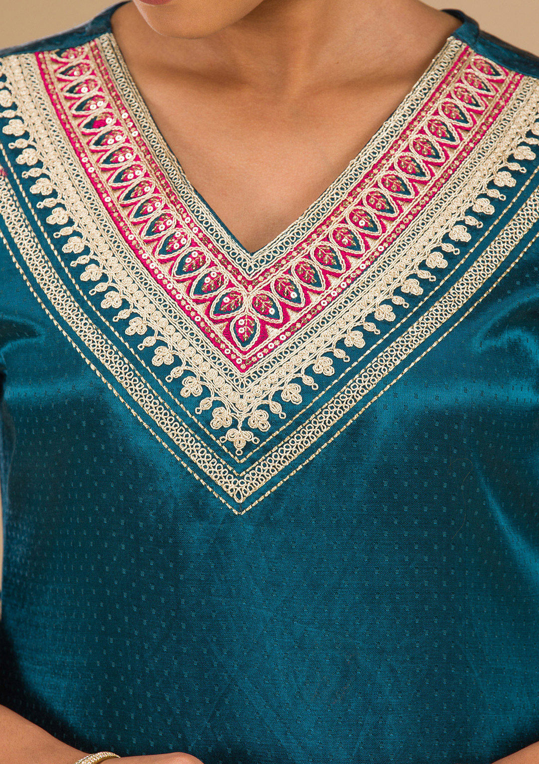 Peacock Blue Zariwork Satin Readymade Salwar Suit