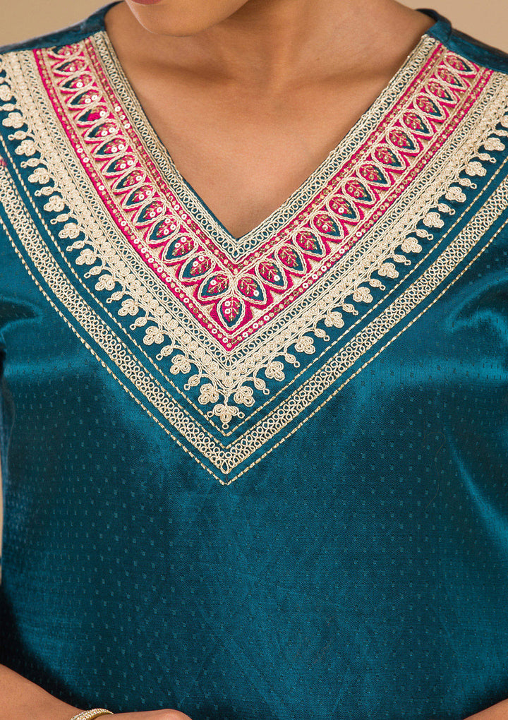 Peacock Blue Zariwork Satin Readymade Salwar Suit