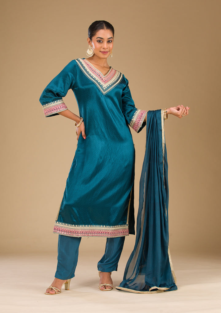 Peacock Blue Zariwork Satin Readymade Salwar Suit