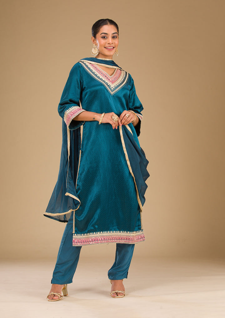 Peacock Blue Zariwork Satin Readymade Salwar Suit
