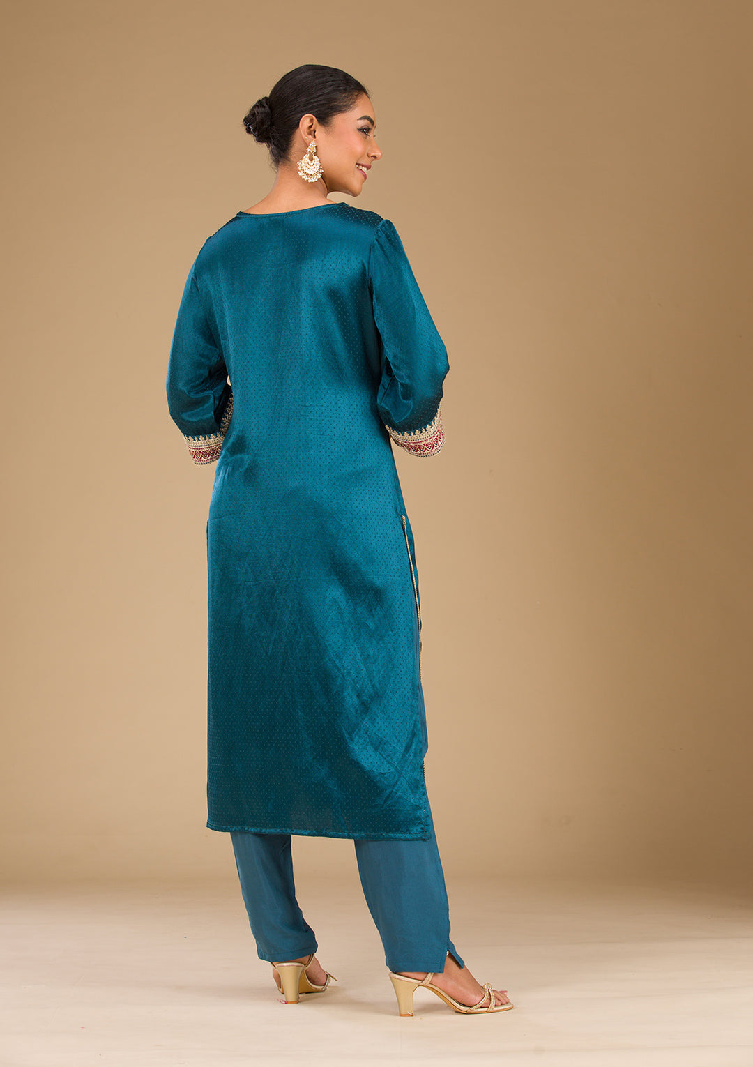 Peacock Blue Zariwork Satin Readymade Salwar Suit