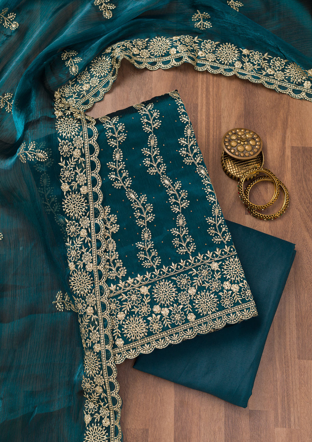 Peacock Blue Zariwork Semi Crepe Unstitched Salwar Suit