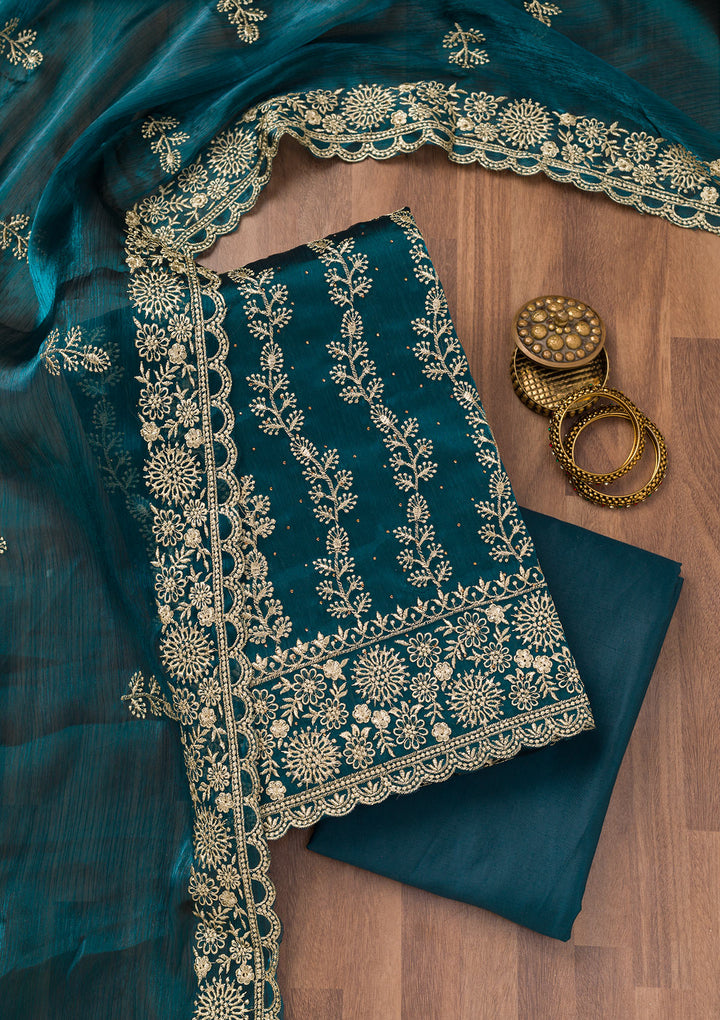 Peacock Blue Zariwork Semi Crepe Unstitched Salwar Suit