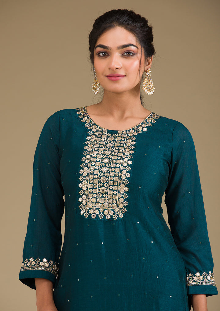 Peacock Green Zariwork Art Silk Readymade Salwar Suit