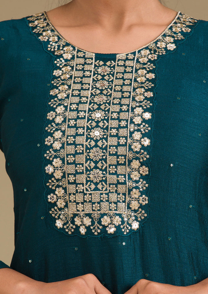 Peacock Green Zariwork Art Silk Readymade Salwar Suit