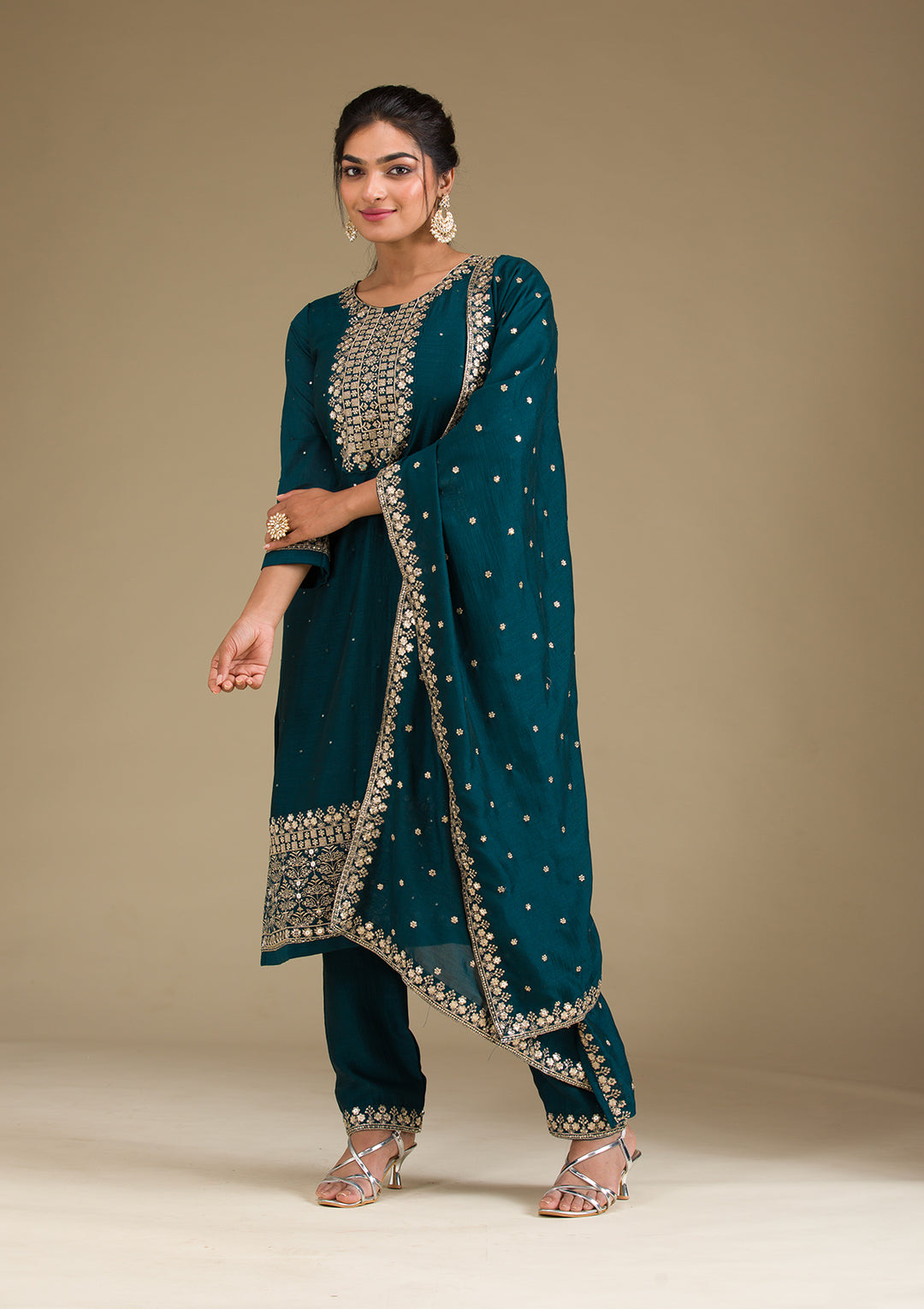 Peacock Green Zariwork Art Silk Readymade Salwar Suit