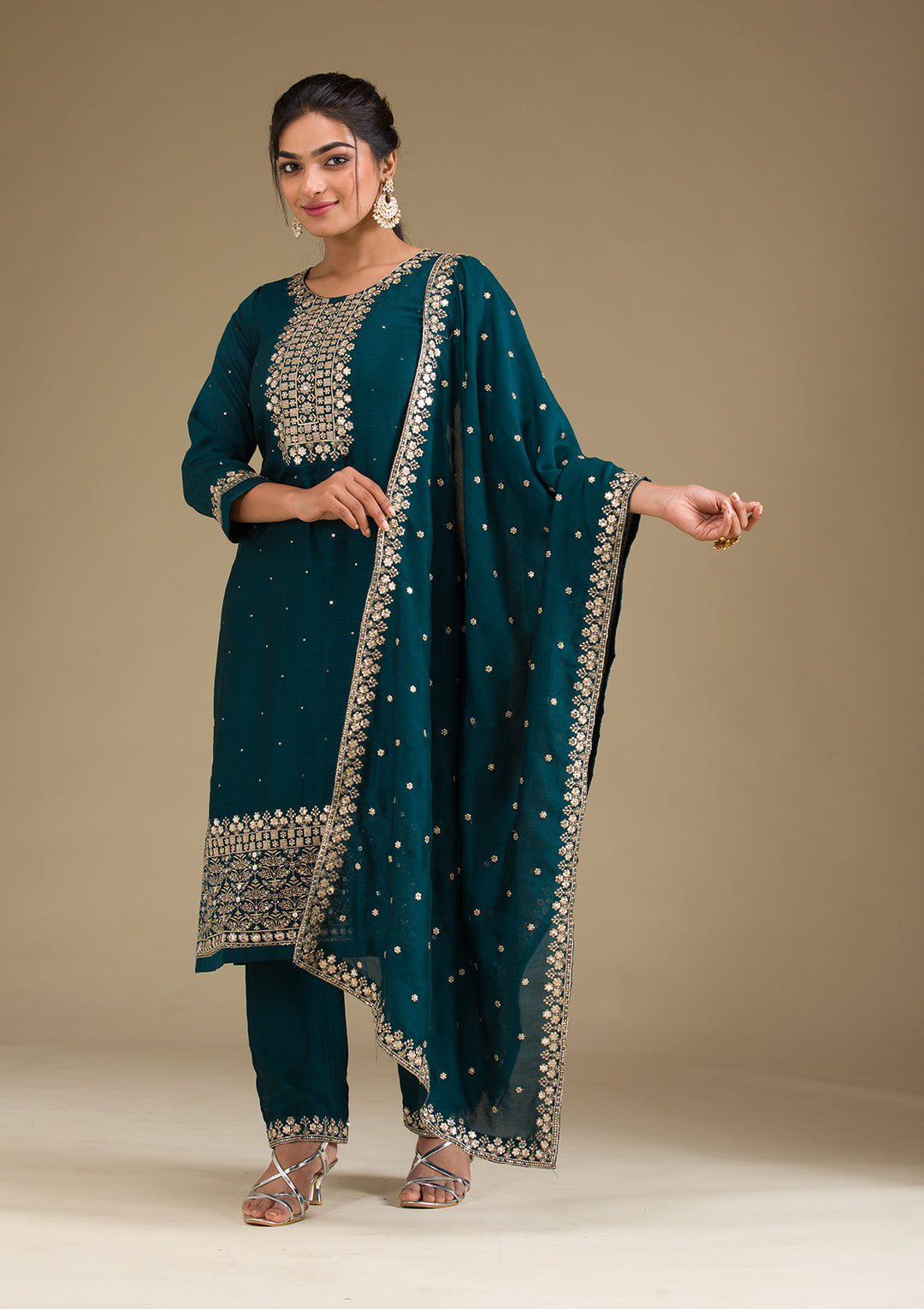 Peacock Green Zariwork Art Silk Readymade Salwar Suit