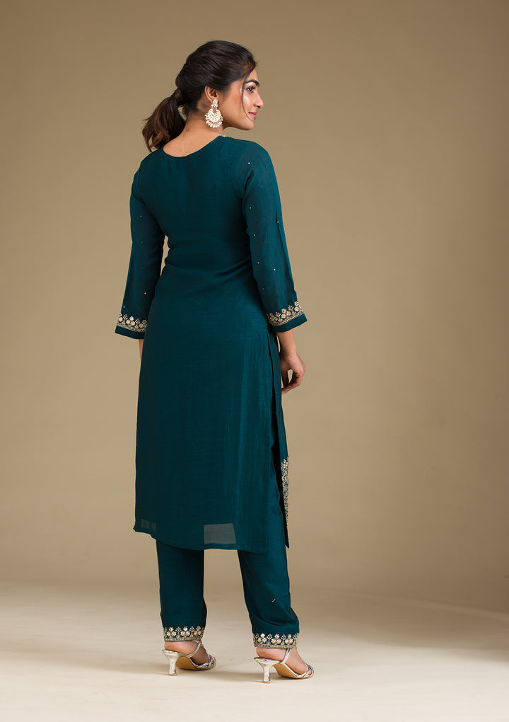 Peacock Green Zariwork Art Silk Readymade Salwar Suit