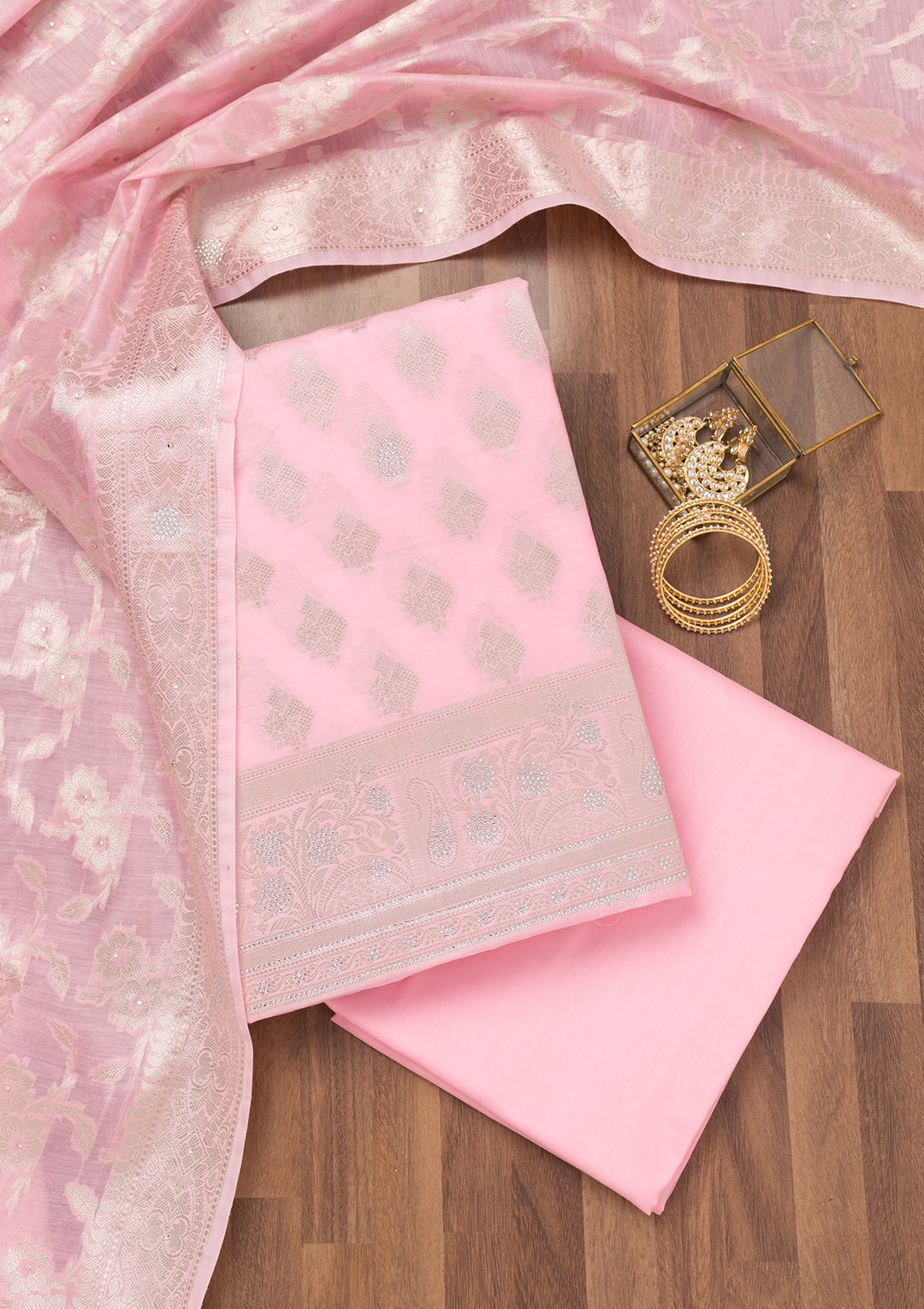 Pink Zariwork Banarasi Unstitched Salwar Suit