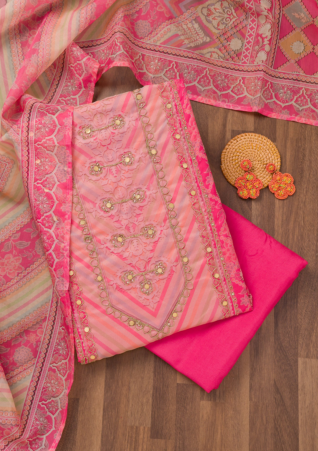 Pink Printed Chanderi Unstitched Salwar Suit