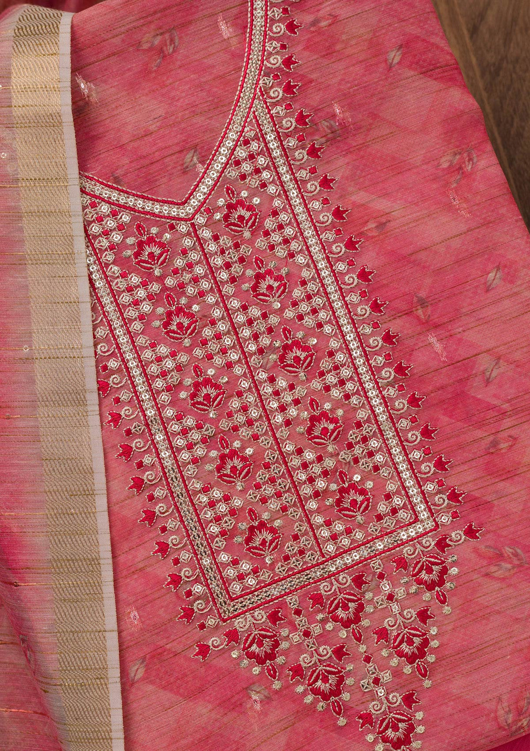 Pink Printed Raw Silk Unstitched Salwar Suit