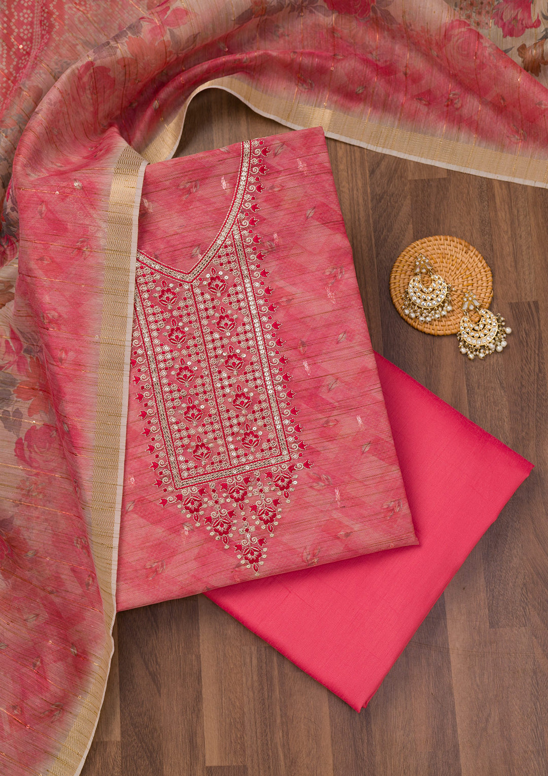 Pink Printed Raw Silk Unstitched Salwar Suit