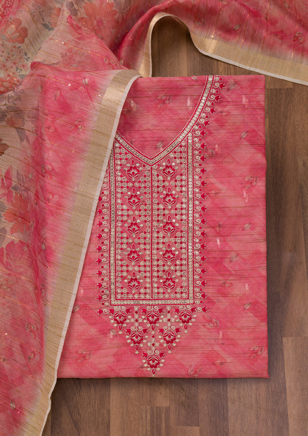 Pink Printed Raw Silk Unstitched Salwar Suit
