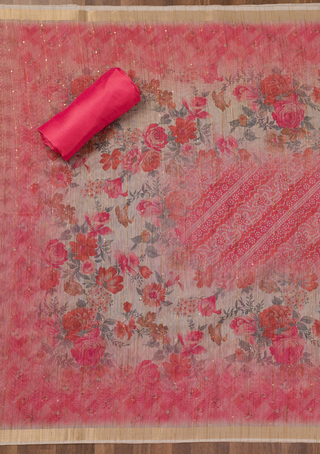 Pink Printed Raw Silk Unstitched Salwar Suit