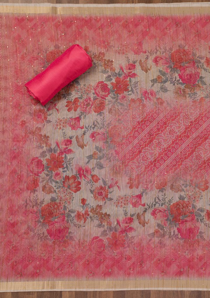 Pink Printed Raw Silk Unstitched Salwar Suit