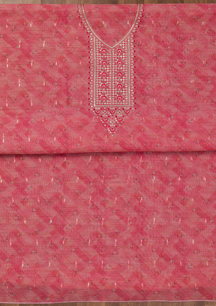 Pink Printed Raw Silk Unstitched Salwar Suit