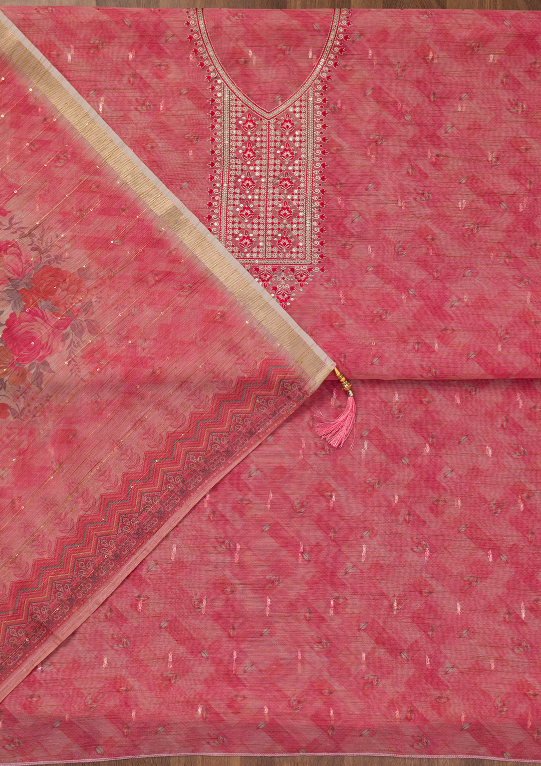 Pink Printed Raw Silk Unstitched Salwar Suit