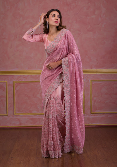 Pink Sequins Net Designer Saree