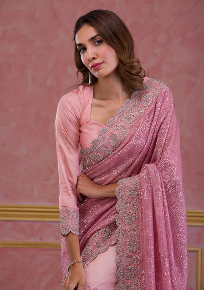 Pink Sequins Net Designer Saree
