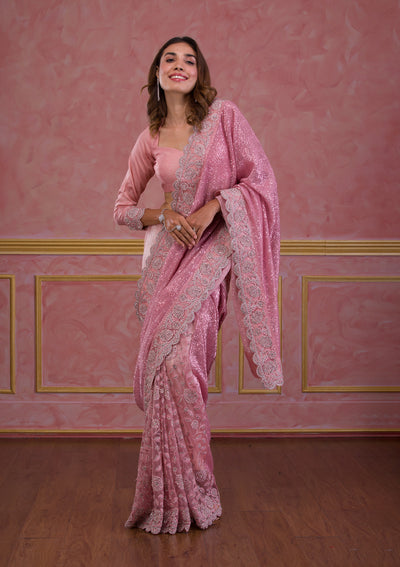 Pink Sequins Net Designer Saree-Koskii